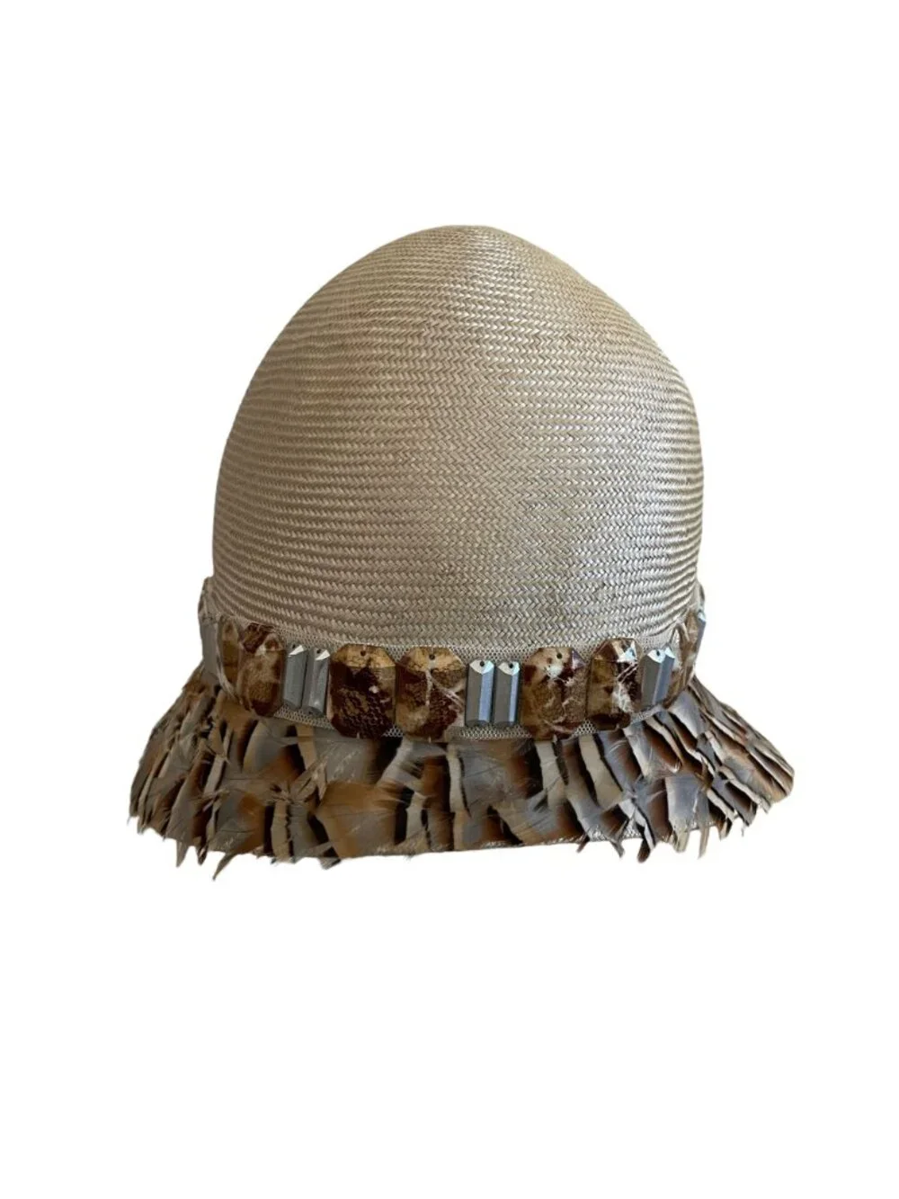 Louise Green Feathered Cloche Hat With Beaded Trim Made In USA